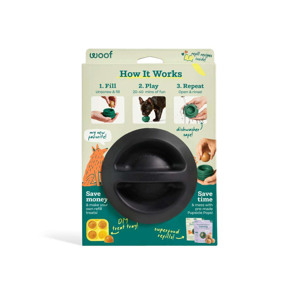 Pupsicle enrichment toy packaging showing usage instructions and black toy detail.