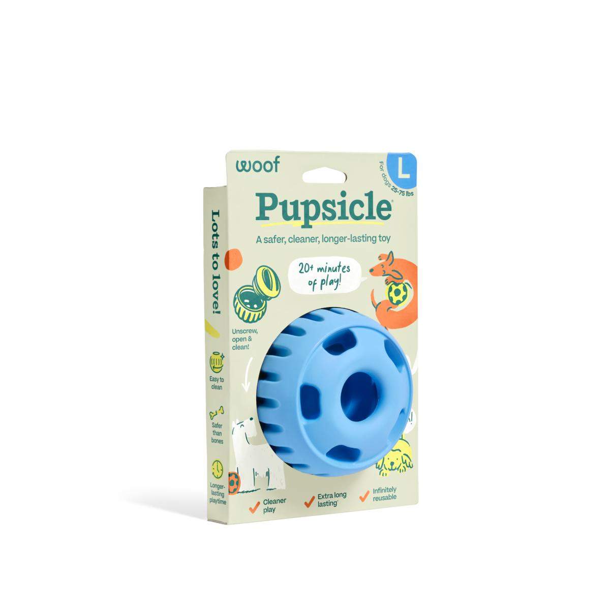 Pupsicle enrichment toy packaging in blue, showing a durable, long-lasting design and customizable treat options. Safe, non-toxic, dishwasher-safe.