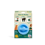 Pupsicle dog enrichment toy, blue non-toxic rubber sphere with a central slot, displayed in a cardboard package.