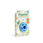 Pupsicle dog enrichment toy in bright blue rubber, a round hollow treat holder with pet-friendly packaging.