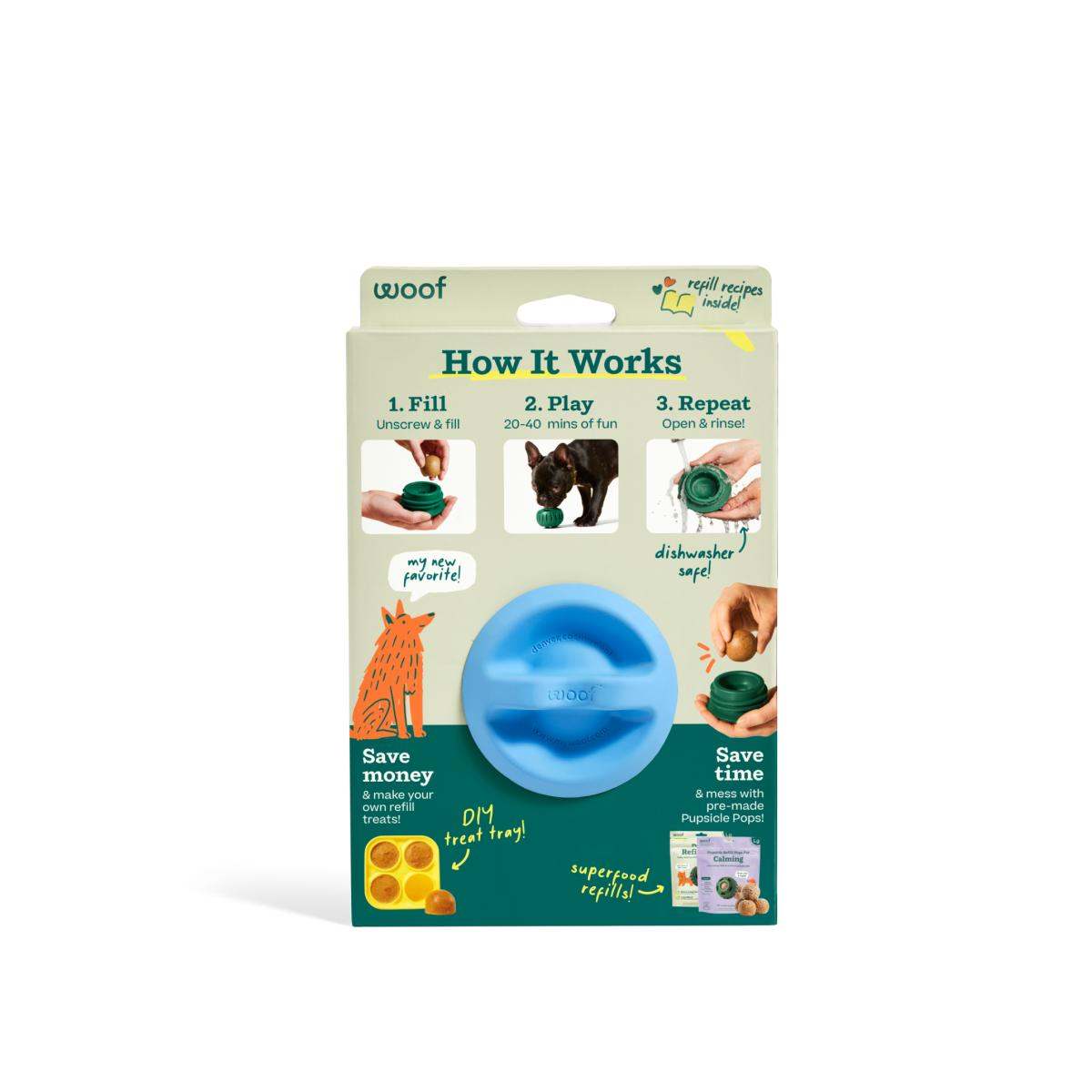 Pupsicle enrichment toy in bright blue rubber with a round, ridged top, shown on colorful retail packaging.