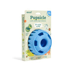 Pupsicle dog enrichment toy in bright blue rubber, rounded weighted design with treat openings, shown in XL packaging.