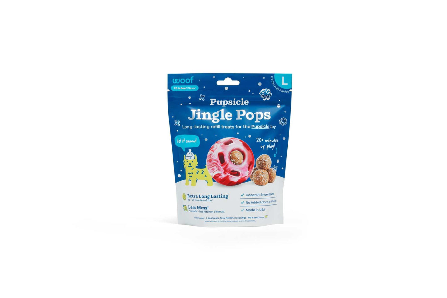 Pupsicle Jingle Pops limited edition holiday dog treats with long-lasting lickable coconut snowflakes