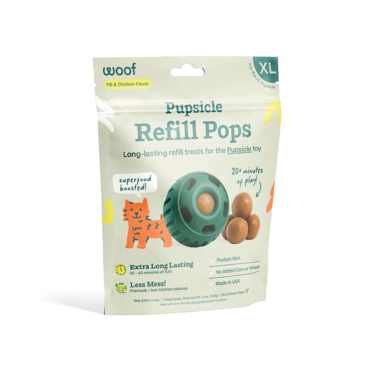 Pupsicle Pops dog treats in a green and white package, offering long-lasting play and enrichment for dogs.