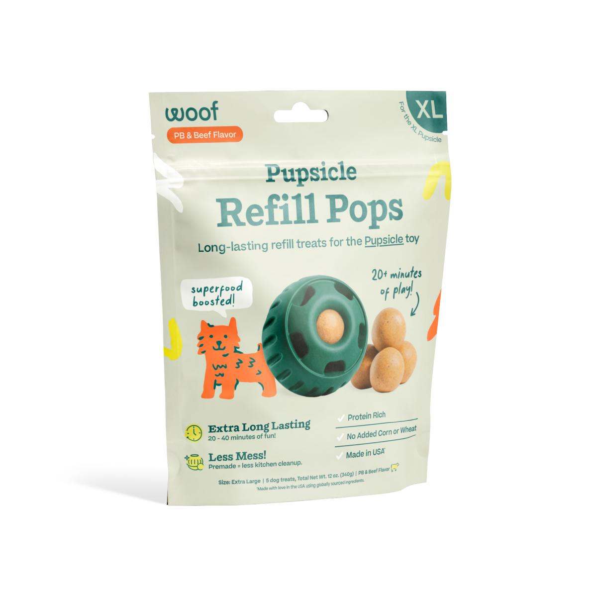 Pupsicle Pops dog treats, long-lasting and mess-free, made with real meat and peanut butter, packaged in a resealable bag.