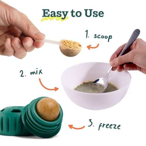 Process of making Pupsicle Treat Mix with scoop, mix, and freeze steps for dog treats