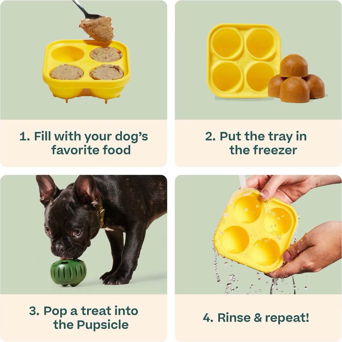 Pupsicle Treat Tray for making customizable frozen dog treats, silicone mold shown in use with step-by-step instructions.