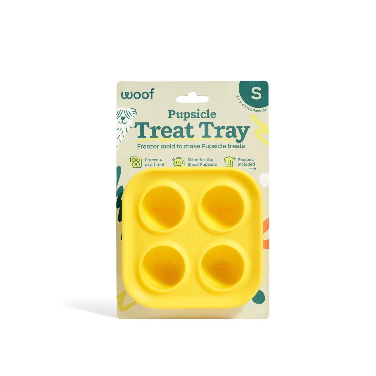 Pupsicle Treat Tray, bright yellow silicone mold with four round treat cavities in a square tray shape