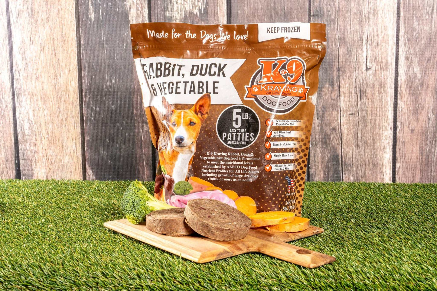 K-9 Kraving Rabbit Duck & Vegetable Raw Dog Food Packaging on Grass
