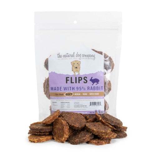 Rabbit Flips dog treats made with 95% rabbit, soft and springy texture, ideal for training and sensitive dogs.