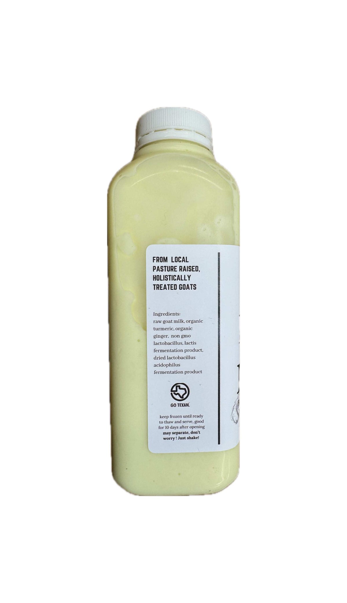 Bottle of fresh raw goat milk from locally sourced farms.