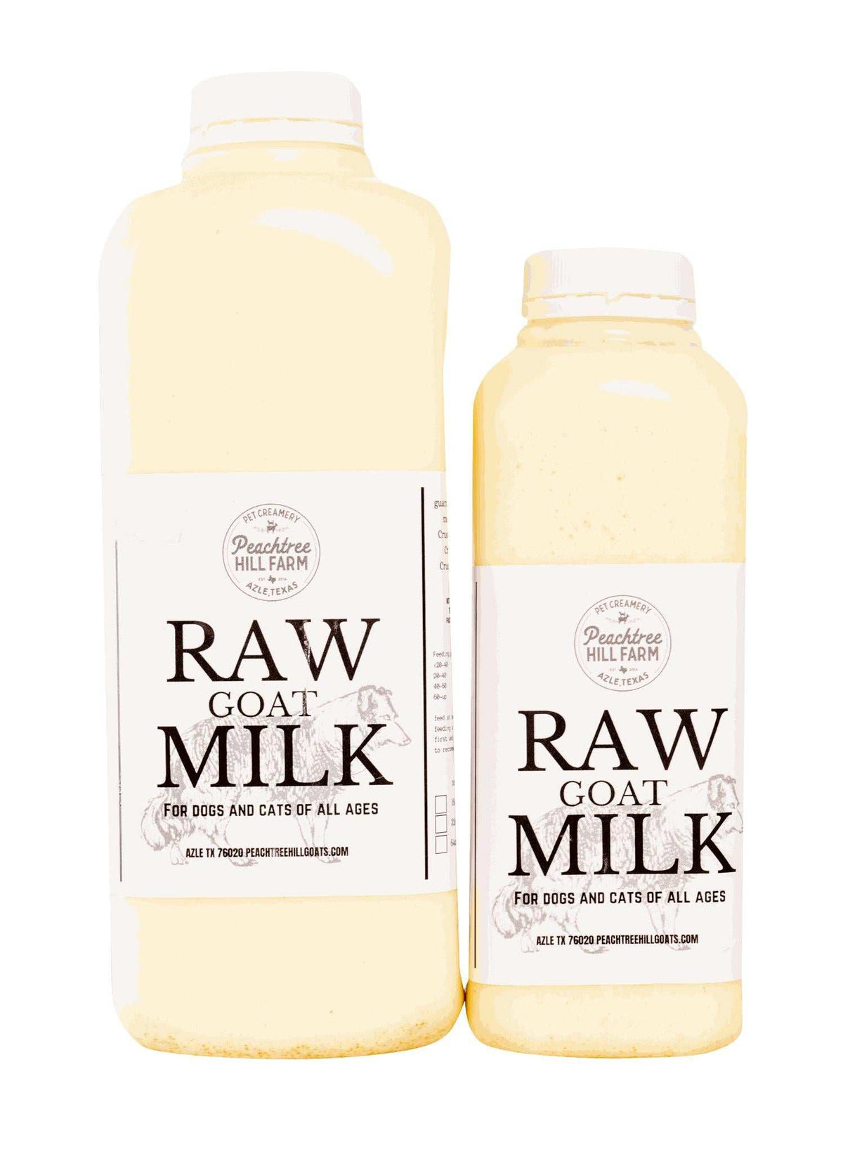 Raw Goat Milk in two clear plastic bottles with cream liquid, white labels, and bold black lettering.