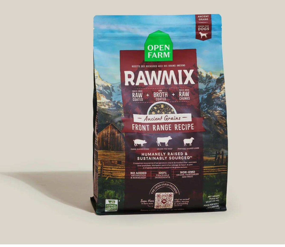 RawMix Front Range ancient grains dog kibble in a teal and burgundy bag with mountain scenery and a resealable top.