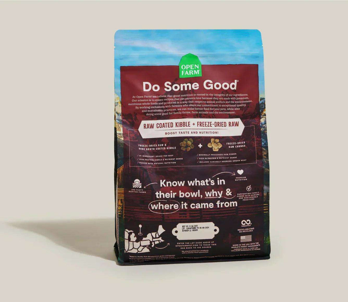 Dog kibble bag in a dark burgundy and black design with blue top, featuring Open Farm branding and raw-coated kibble details. RawMix Front Range