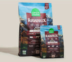 Dog kibble in blue bags with red labels, featuring RawMix Front Range and mountain artwork with freeze-dried raw pieces.