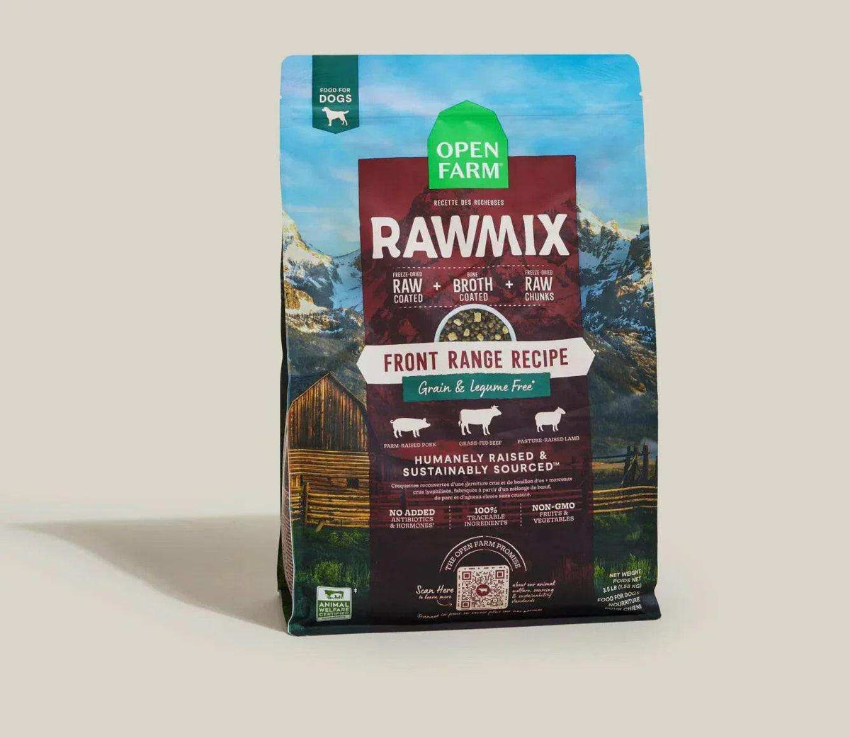 RawMix Front Range grain-free dog kibble with multi-animal protein blend, freeze-dried raw coating, and superfoods for balanced nutrition