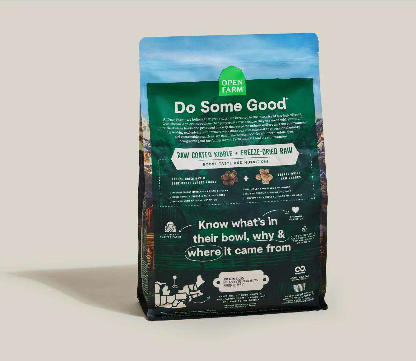 Bag of RawMix Open Prairie Ancient Grains dog kibble with raw coated freeze-dried pieces for puppies and adult dogs