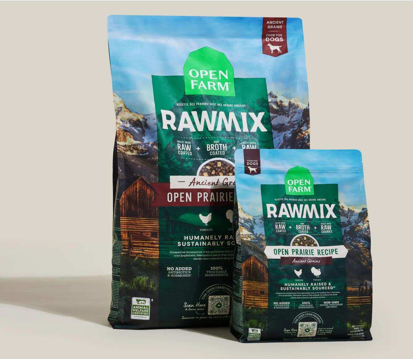 RawMix Open Prairie Ancient Grains dog kibble with chicken, turkey, bone broth, and nutrient-rich ancient grains for small to senior dogs