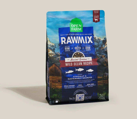 Open Farm RawMix Wild Ocean Ancient Grains dog kibble with wild-caught fish, bone broth coating, and nutrient-dense superfoods for small and medium breed dogs.