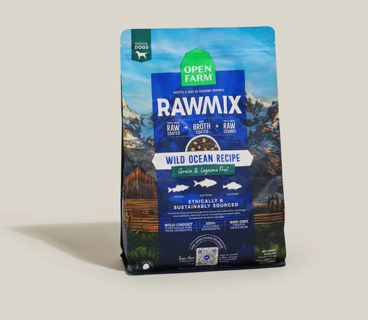 Open Farm RawMix Wild Ocean grain-free dog kibble with wild-caught fish and freeze dried raw coating