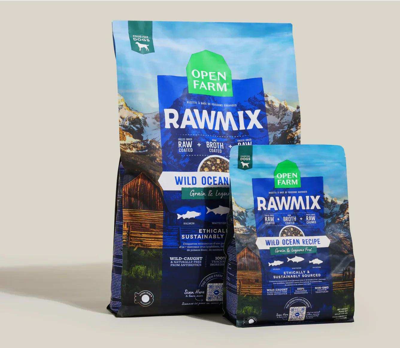 Open Farm RawMix Wild Ocean grain-free dog kibble with wild-caught fish and bone broth coating in large and small bags