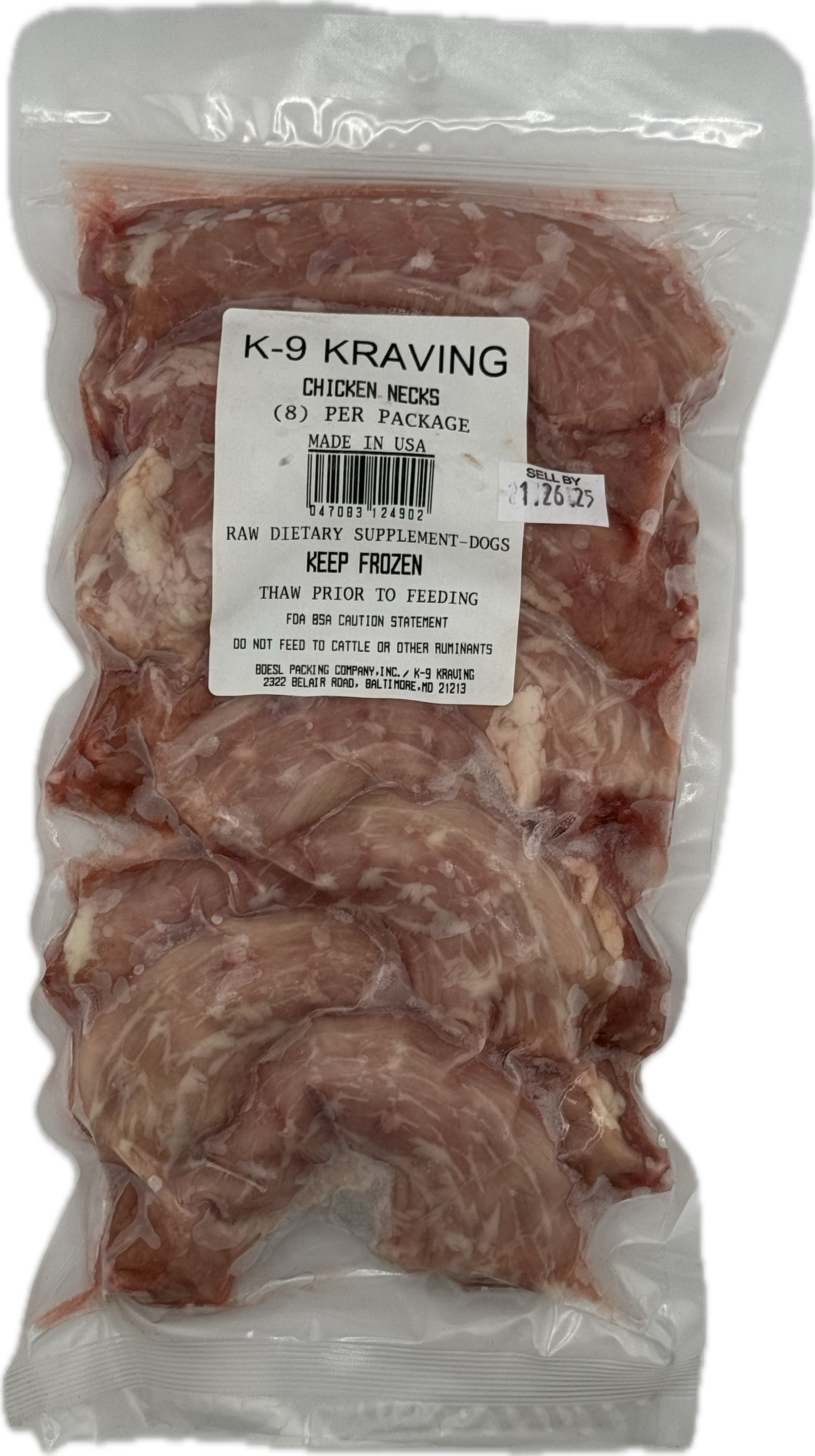 Natural K-9 Kraving chicken necks in sealed packaging for dogs.