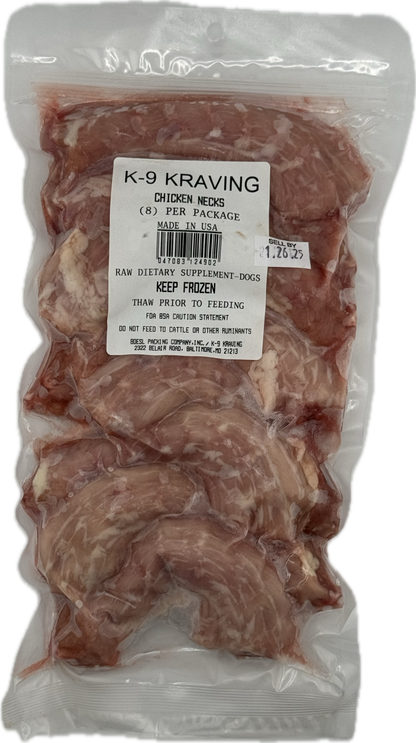 Natural K-9 Kraving chicken necks in sealed packaging for dogs.