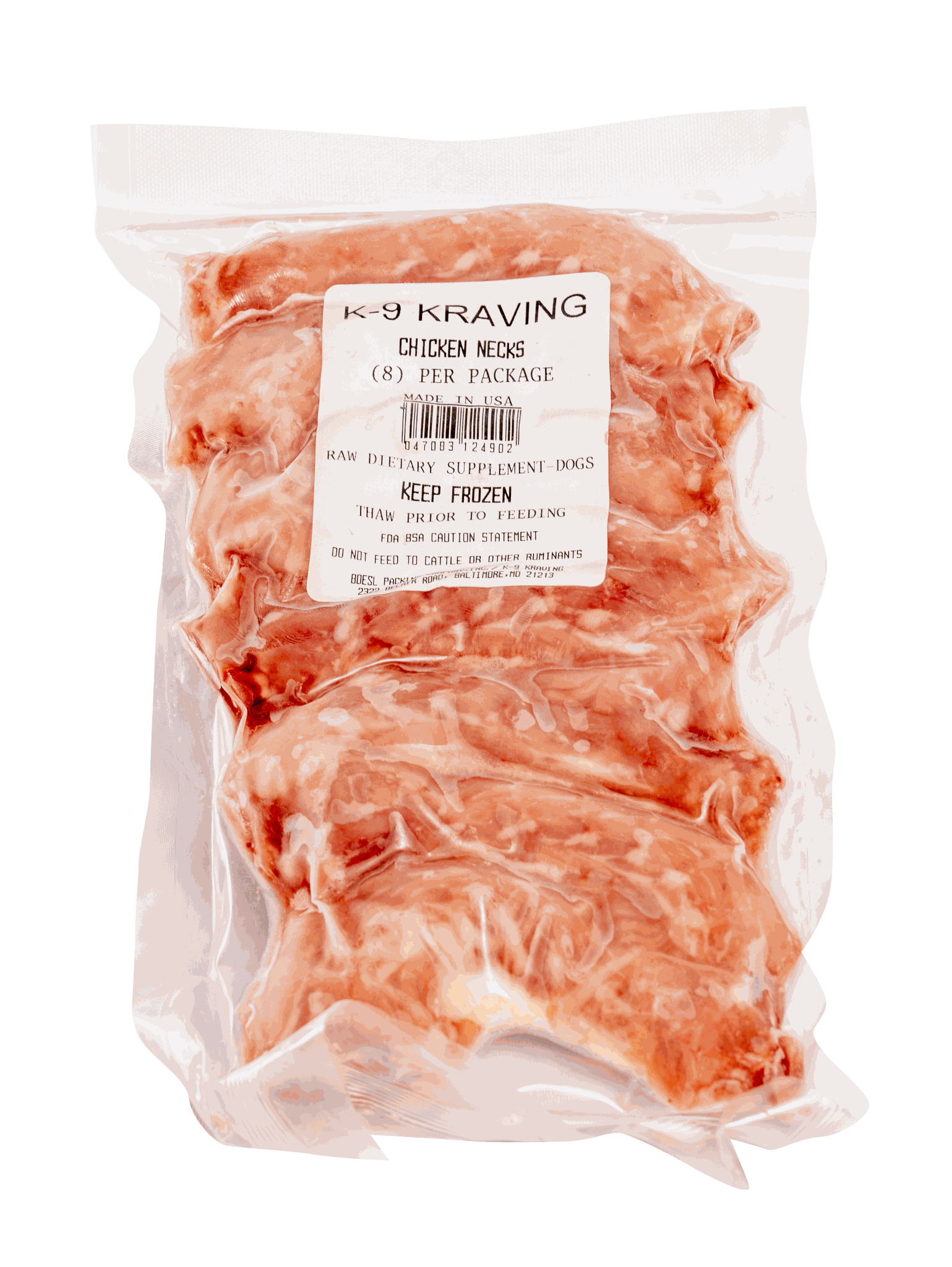 K-9 Kraving Chicken Necks in vacuum-sealed package for dogs, raw meaty bones.