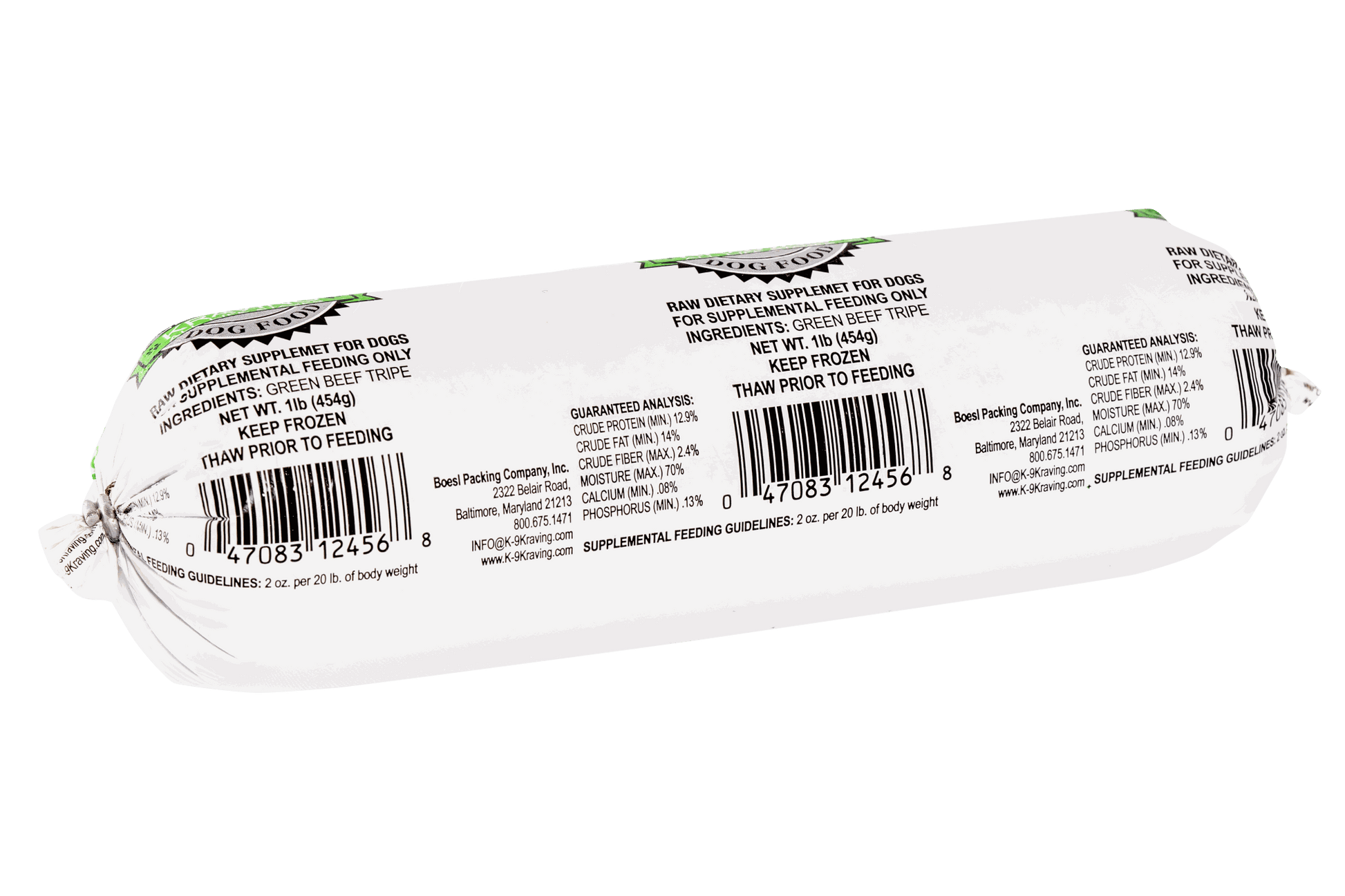 K-9 Kraving Green Beef Tripe roll, raw dog supplement, 100% green beef tripe, for digestion, energy, and coat health.