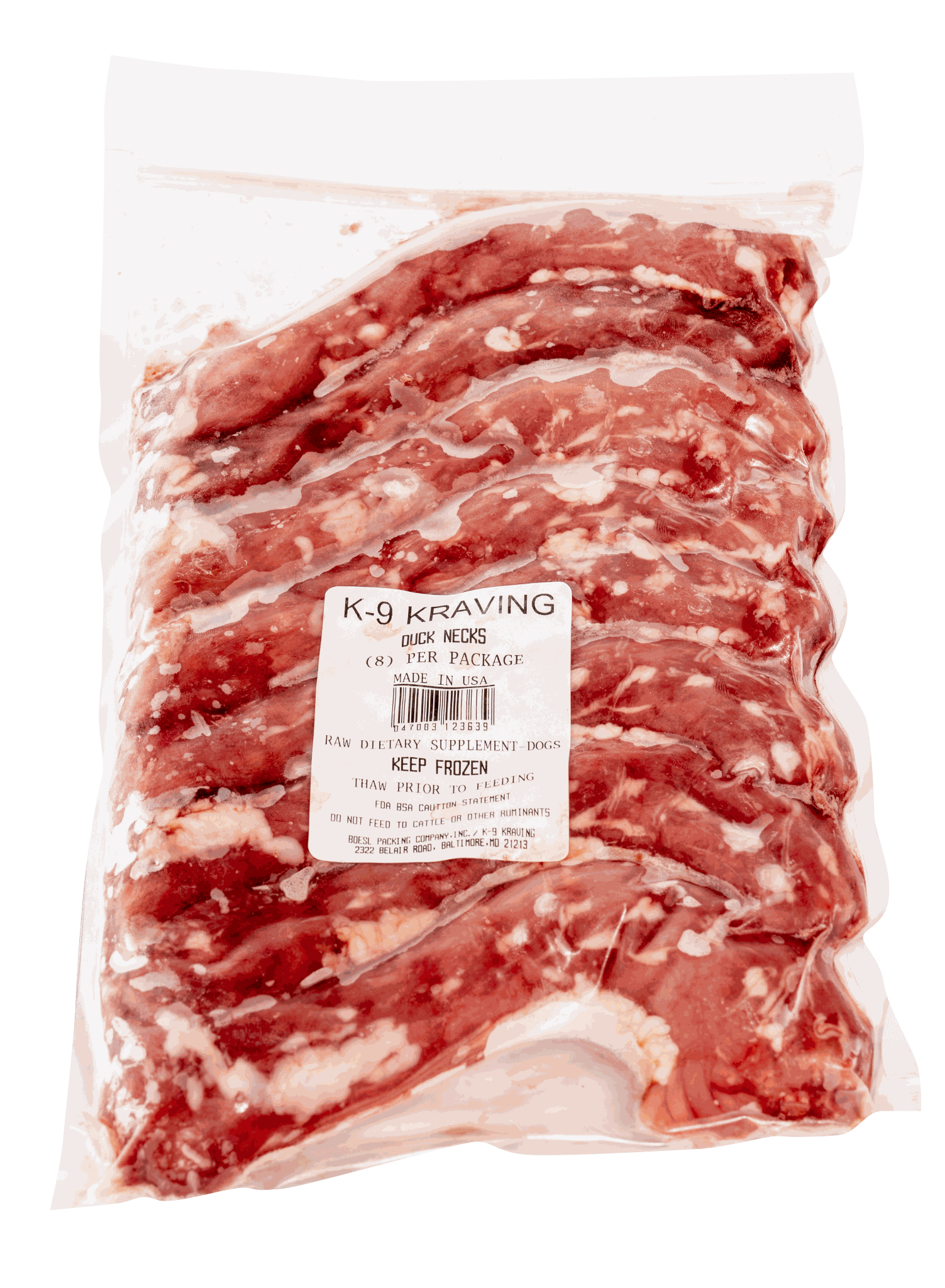 Natural raw duck necks for dogs, packaged by K-9 Kraving.