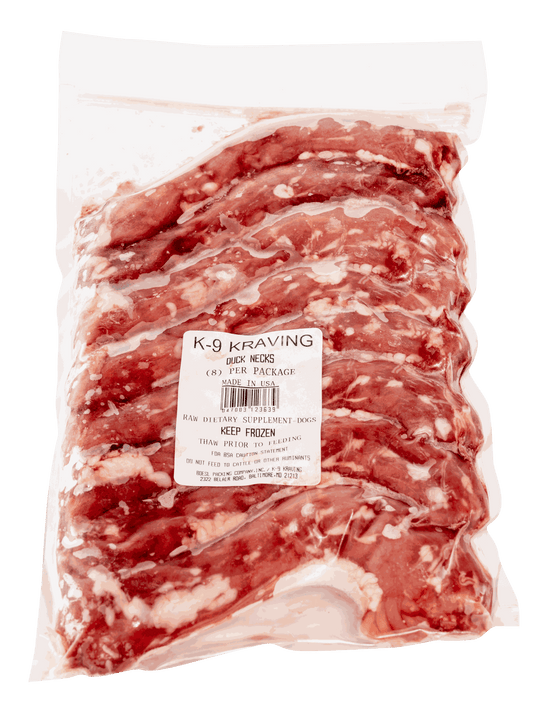 Natural raw duck necks for dogs, packaged by K-9 Kraving.