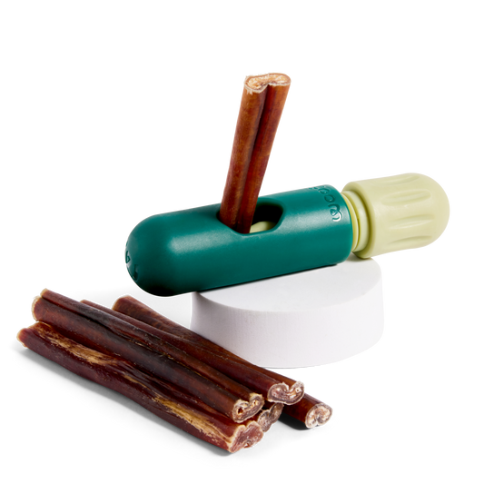 BullySafe chew holder with bully sticks for dogs.