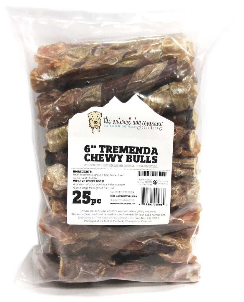 Package of 6-inch Tremenda Chewy Bulls dog treats for dogs over 30lbs made with beef gullet and bladder