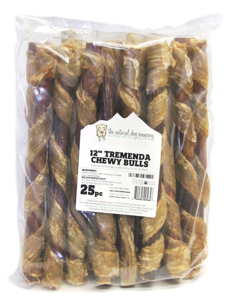 Package of 25 Tremenda Chewy Bulls 12-inch natural beef dog treats for medium chew dogs over 30lbs