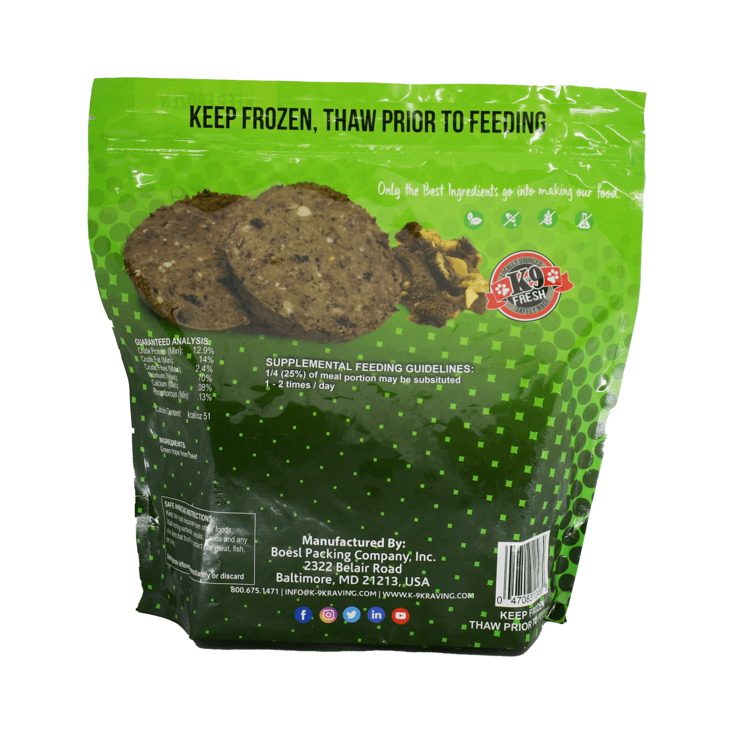K-9 Kraving Green Tripe dog food packaging displaying product details.