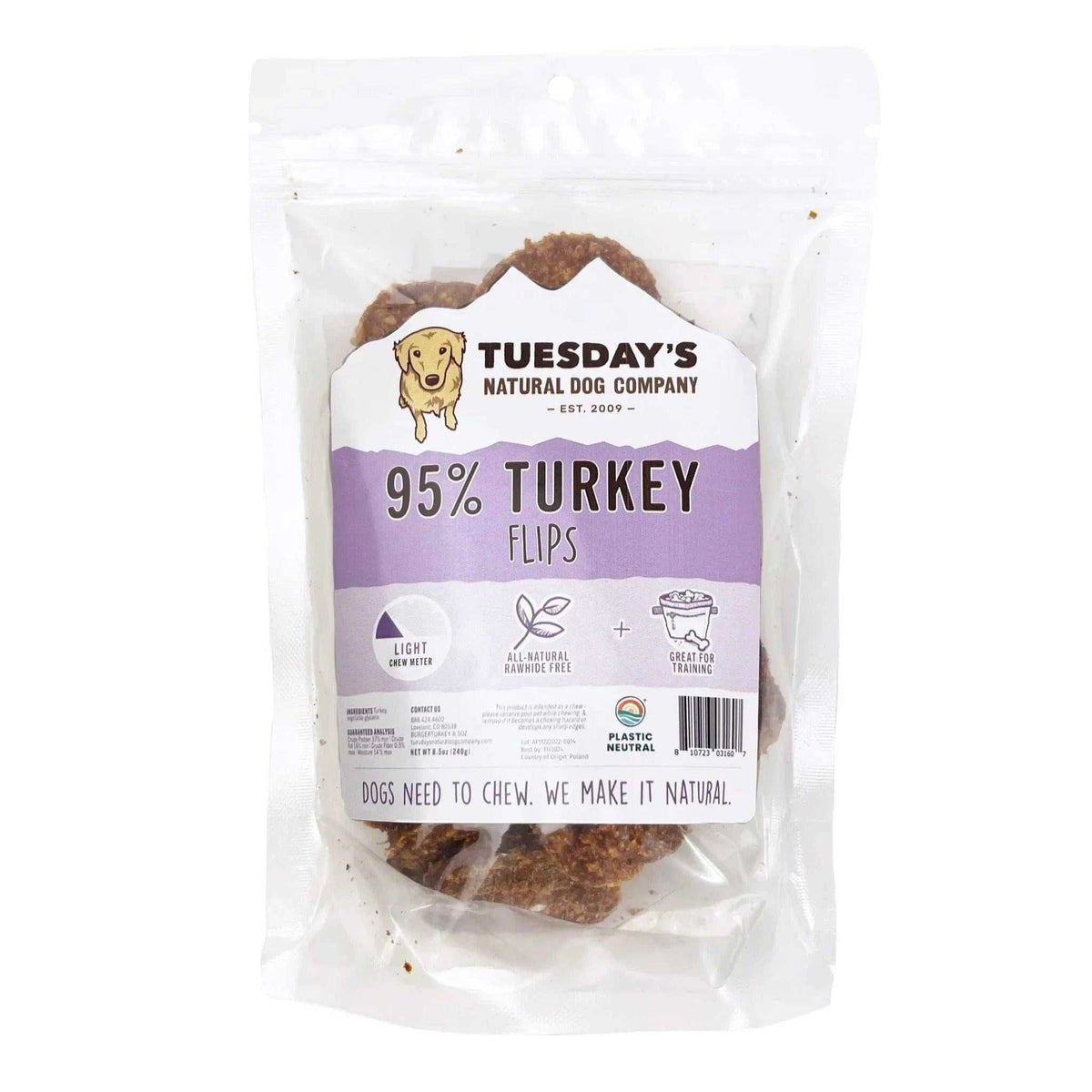 Turkey Flips dog treats in a clear resealable pouch, showing brown, textured turkey pieces and a purple-and-white label.