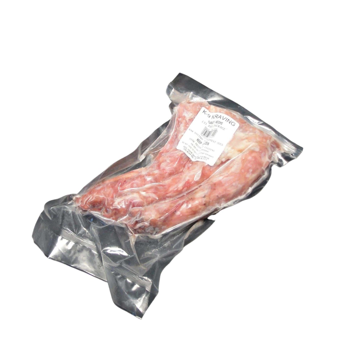 Natural raw turkey necks in vacuum-sealed packaging for dogs.