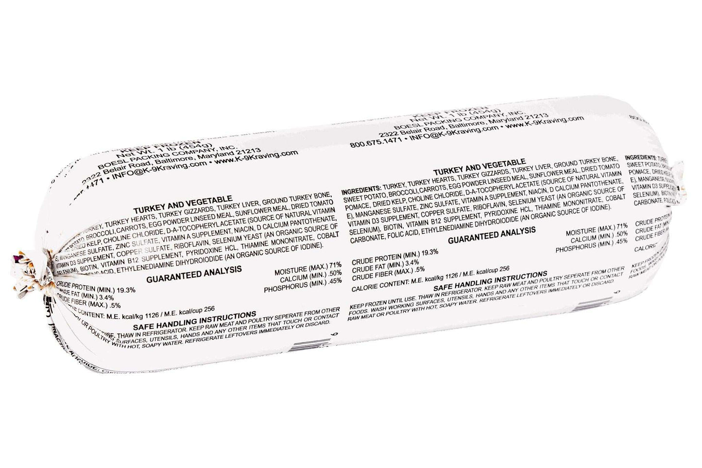 Packaging of K-9 Kraving Turkey & Vegetable Formula Raw Dog Food with detailed ingredients and nutritional information.