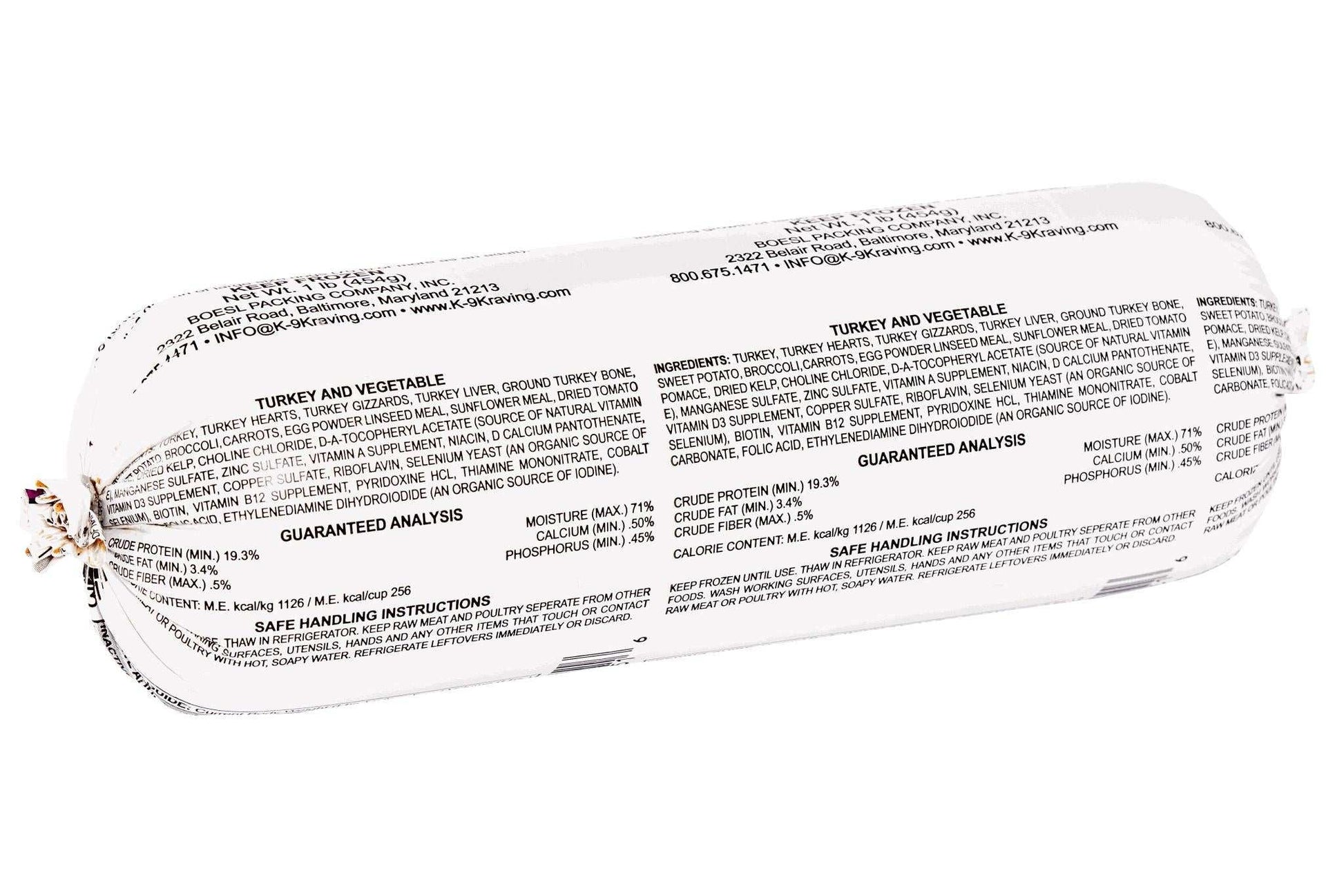 Packaging of K-9 Kraving Turkey & Vegetable Formula Raw Dog Food with detailed ingredients and nutritional information.