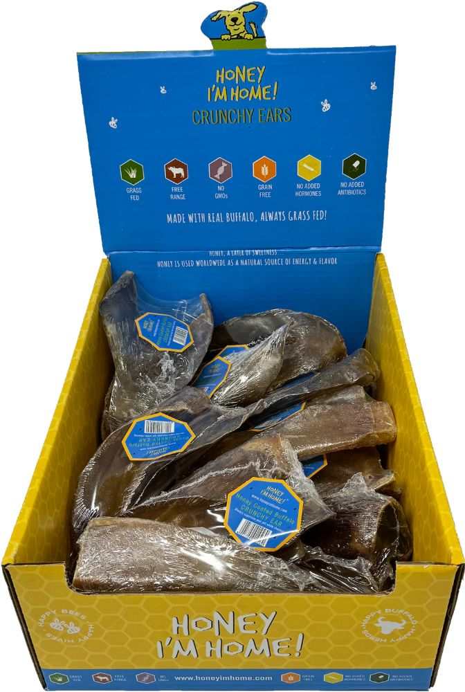 Box of Water Buffalo Crunchy Ears dog chews with honey flavor packaging