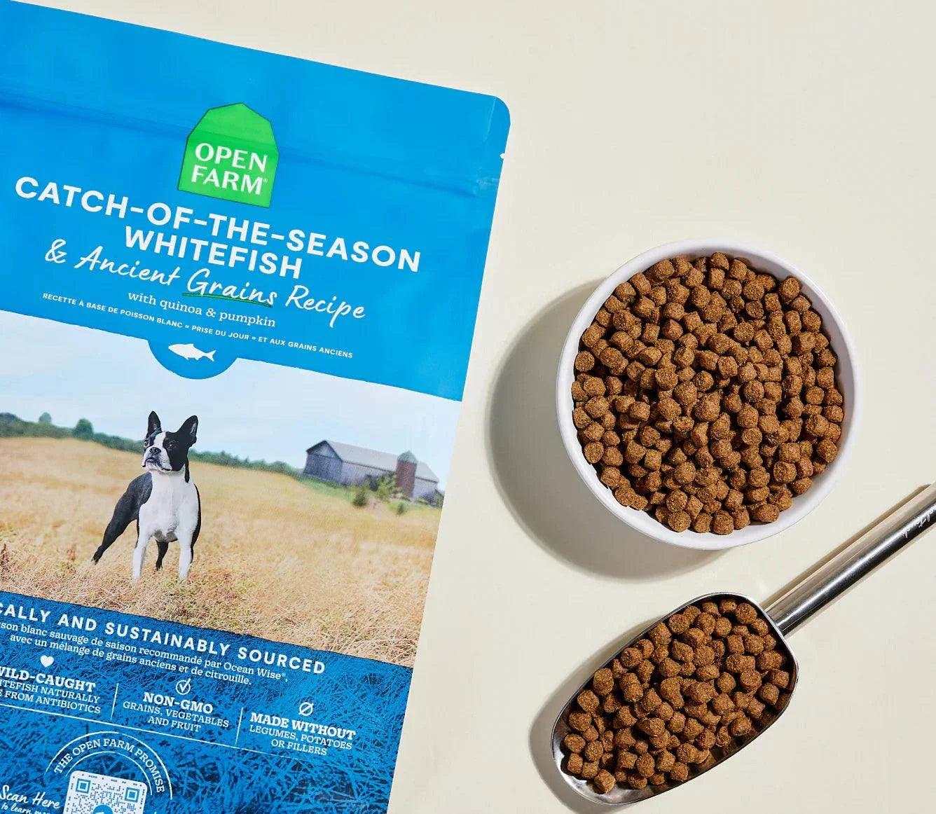 Catch-of-the-season whitefish and ancient grains dog kibble with quinoa and pumpkin, protein-packed and sustainably sourced for optimal nutrition.