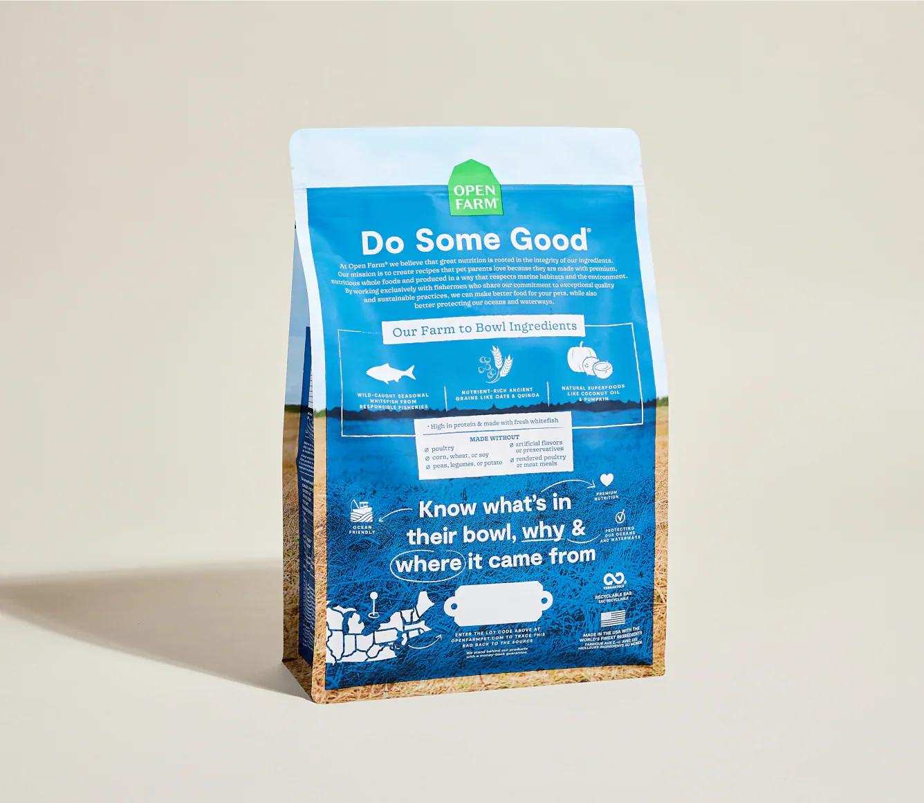 Do Some Good whitefish and ancient grain dog kibble bag with nutritional benefits and farm to bowl ingredients information