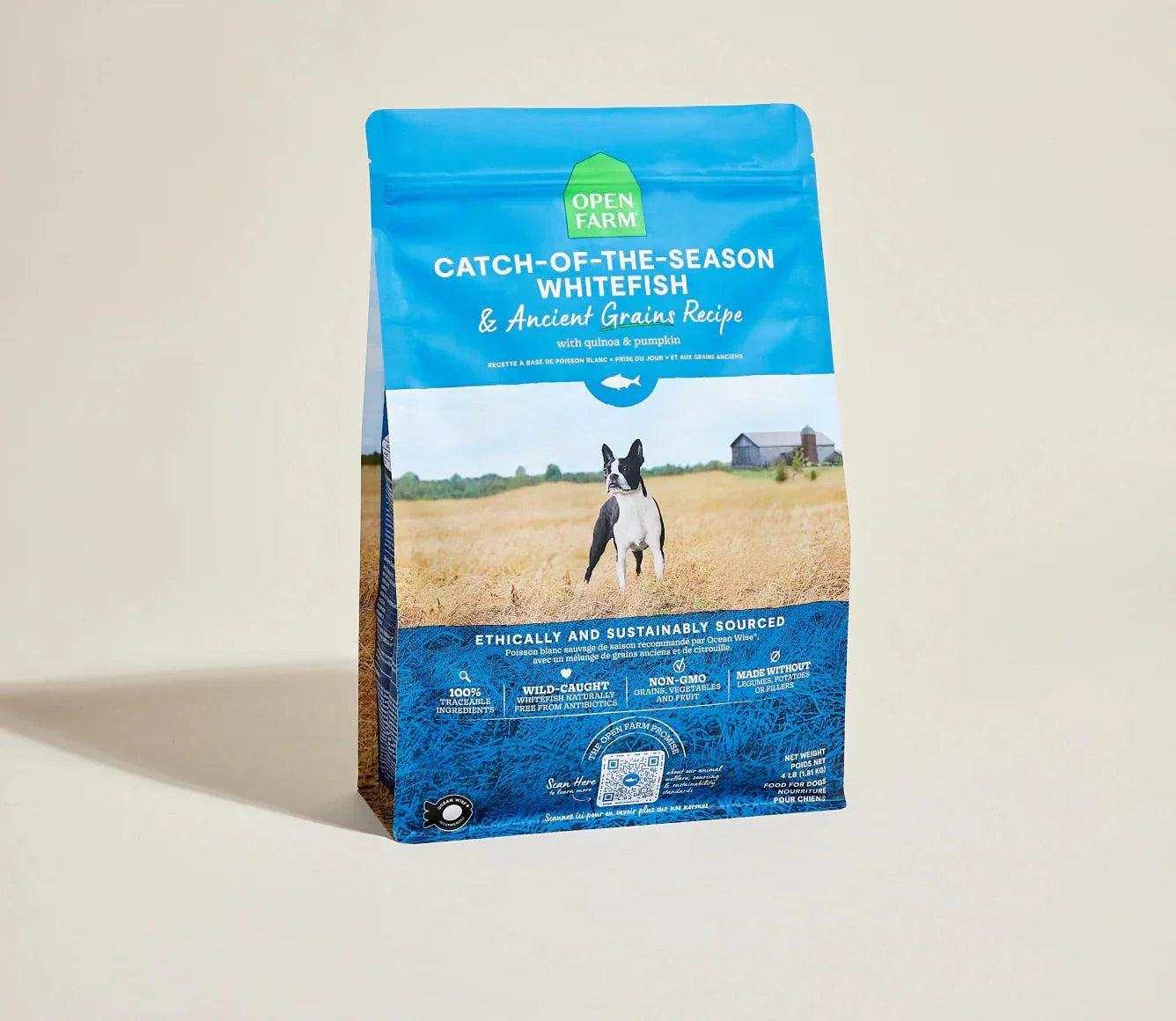 Bag of Open Farm Catch-of-the-Season Whitefish & Ancient Grain Recipe dog kibble with quinoa and pumpkin for small and medium breed dogs