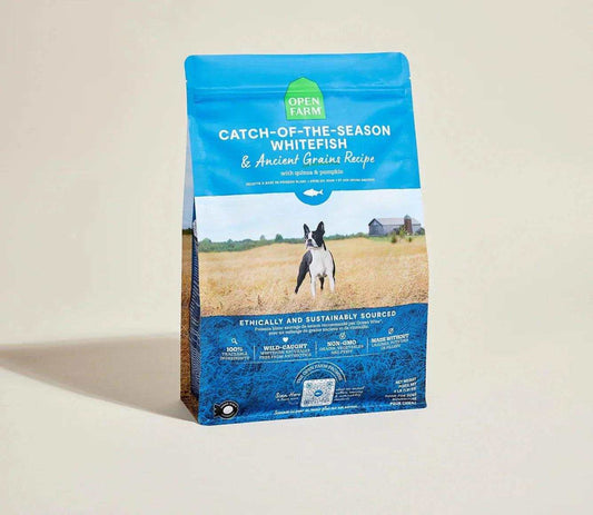Bag of Open Farm Catch-of-the-Season Whitefish & Ancient Grain Recipe dog kibble with quinoa and pumpkin for small and medium breed dogs