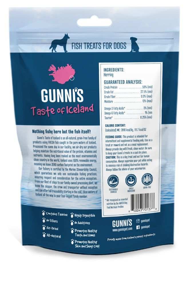 Whole Herring dog treats package with nutritional information and Icelandic origin branding.
