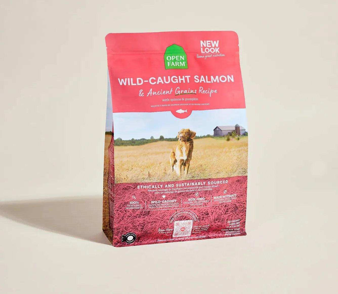 Package of Wild-Caught Salmon & Ancient Grain Recipe dog kibble featuring ethically sourced ingredients and a happy dog on the front