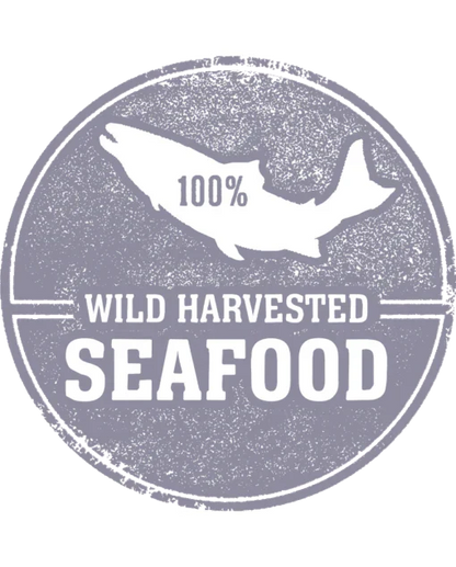 100% Wild Harvested Seafood logo for freeze dried salmon fillets.