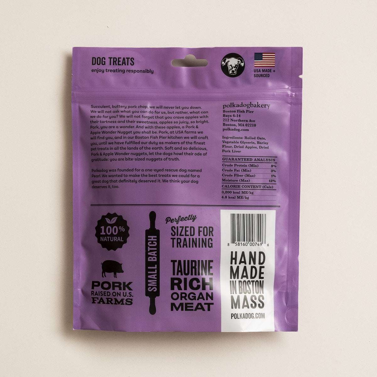 Pork & Apple Soft & Chewy Dog Treats package labeled for training, 100% natural ingredients, taurine-rich organ meat, US-made.