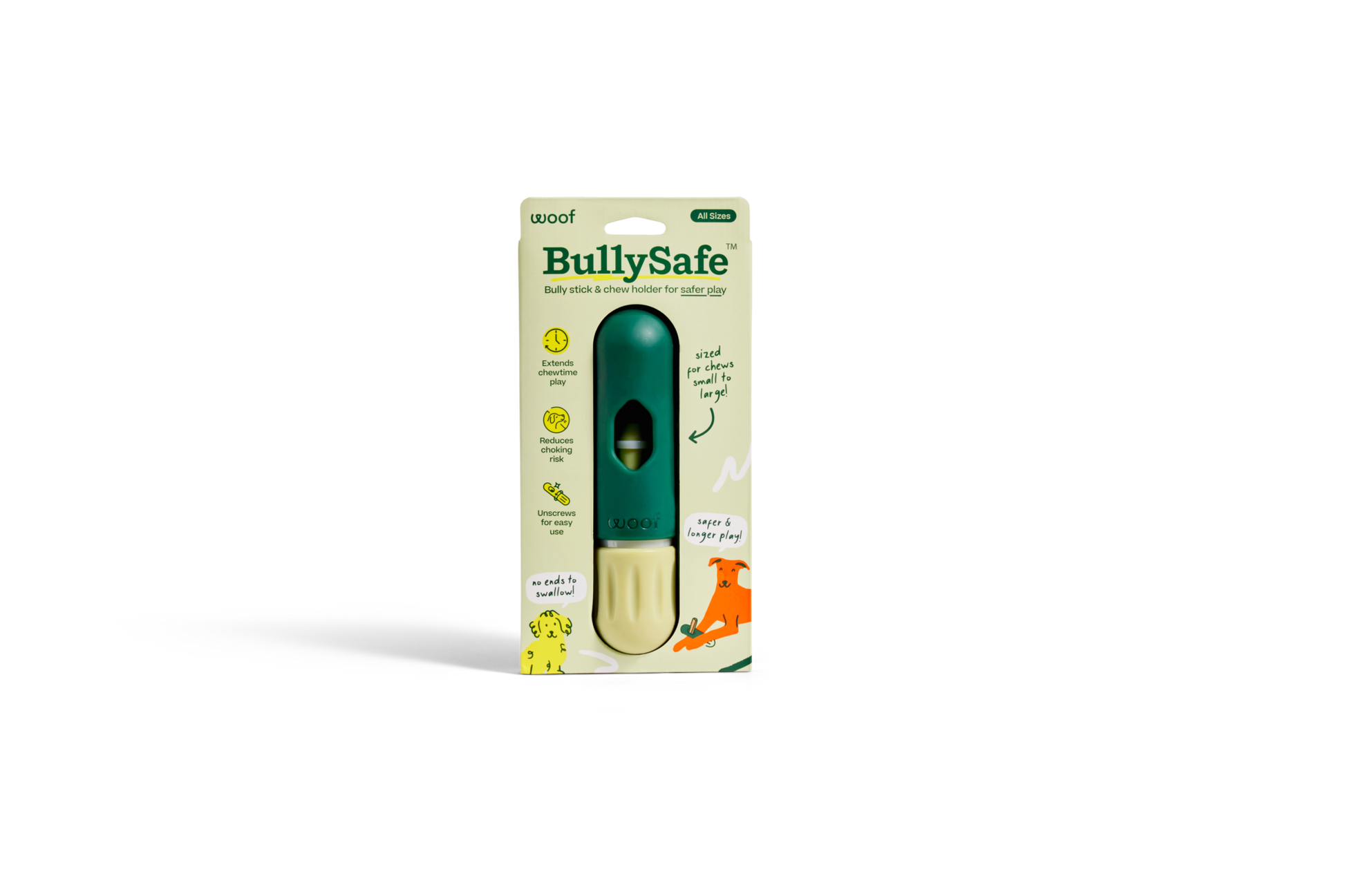 BullySafe durable chew holder packaging, designed for safer play with all chew sizes, especially Woof Bully Sticks, featuring an adjustable, non-toxic nylon design.
