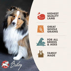 Zealambder Dog Food with high-quality lamb, whole grains, suitable for all breeds and ages, family made packaging next to a Shetland Sheepdog.